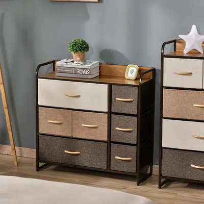 Image de Commode avec 7 tiroirs en tissu, pliable, structure en acier noir, dimensions 80 x 29 x 78,5 cm, multicolore
