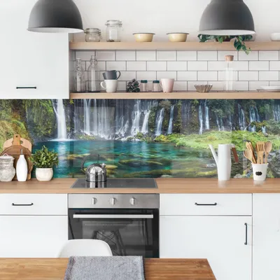 Produktbild von Küchenrückwand Wald selbstklebend - 0.35 mm Wandpaneel wasserfest Asien petrol Motiv Spritzschutz fugenlos