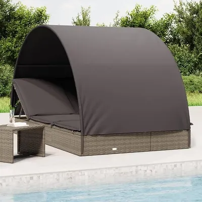 Productafbeelding van Zonnebed voor 2 personen met dak, grijs, 211 x 112 x 140 cm. Tuinstoel van polyrotan met zonnescherm, geschikt voor balkon, terras, zwembad, buiten en kamperen. Verstelbaar en weerbestendig