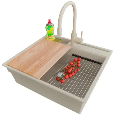Produktbild von PRIMAGRAN Granitspüle Beige 58x53cm, Spülbecken 1 Becken + Ablauf-Set + Küchenzubehörset, Küchenspüle ab 60er Unterschrank - Oslo Pocket