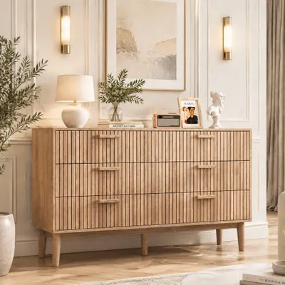 Produktbild von INONEFT Kommode mit 6 schubladen, Holz Sideboard Aufbewahrungsschrank, Geeignet für Schlafzimmer und Wohnzimmer, 34x100x73 cm, Naturholzfarbe