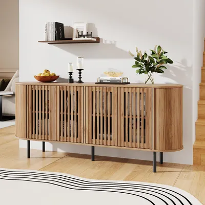 Immagine prodotto di Mobile contenitore MODFU con aspetto in rattan, 160 x 40 x 70 cm, credenza con 4 ante scorrevoli, mobile contenitore con gambe in metallo, mobile per soggiorno in legno naturale, armadio contenitore