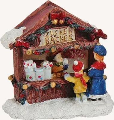 Dies ist eine Darstellung eines Zuckerbäcker-Marktstandes auf einem Weihnachtsmarkt. 

