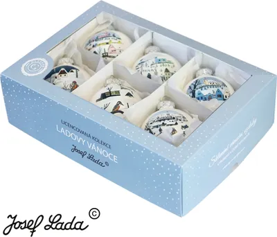 A set of six Christmas ornaments in a light blue box with a snowflake pattern.