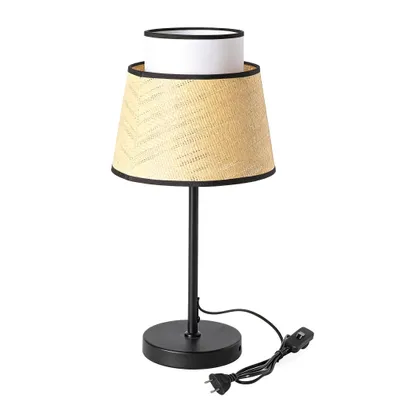 Image de Lampe de table Alpinaluz en métal et rotin, lampe de table noire avec double abat-jour naturel et blanc, lampe de chevet E27 pour chambre à coucher et