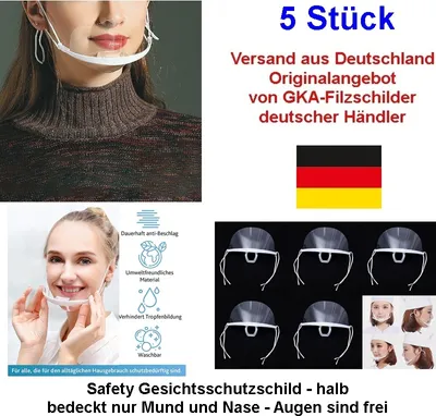 Produktbild von GKA 5 Stück Safety Gesichtsschutzschild halb bedeckt nur Mund und Nase Augen sind frei Visier Gesichtsschutz Anti-Fog Schutzvisier ideal für Senioren