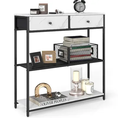 A console table with decorative items on its shelves, set against a white background.