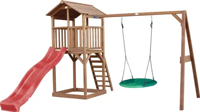 Produktbild von AXI Beach Tower Spielturm aus Holz in Braun | Spielhaus für Kinder mit roter Rutsche, Nestschaukel und Sandkasten | Stelzenhaus für den Garten