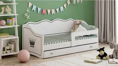 Produktbild von Kinderbett ROYAL 160x80 cm mit Schublade Matratze Lattenrost und Rausfallschutz Krone
