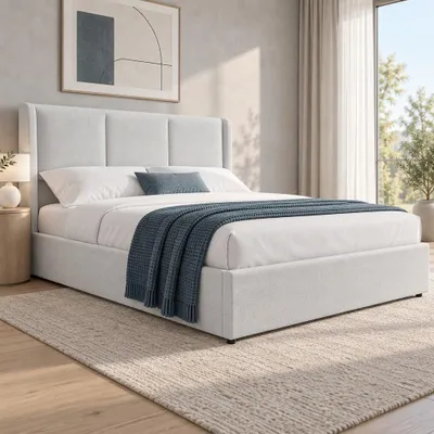 Imagen del producto de INONEFT, cama tapizada de matrimonio, 160x200 cm, cama juvenil tipo boxspring con somier y espacio de almacenamiento hidráulico, tapizada en lino, sin colchón, color beige