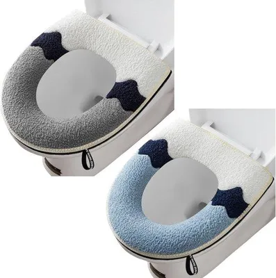 Image de 2 culottes de WC souples avec poignée, format ovale, lavables, adaptées à toutes les toilettes ovales (gris + bleu)