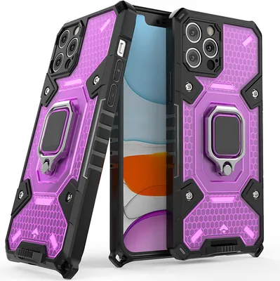 Two pink and black iPhone cases with a silver ring stand are displayed on a white background.