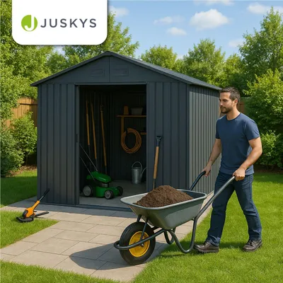 Produktbild von Juskys Metall Geräteschuppen XL – Dunkelgrau, wetterfest mit Fundamentrahmen, Schiebetür & abschließbar