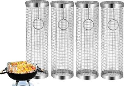 Immagine prodotto di set di 4 cestelli cilindrici per grigliare in acciaio inox con 1x gancio | Cestello rotante per grigliare a gas, elettrica e a carbonella | Tubo in rete per grigliare 30 x 9 cm per verdure, funghi, frutti di mare, verdure grigliate