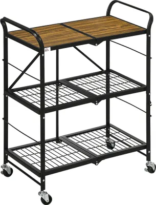 Produktbild von HOMCOM Rollwagen, Klappbarer Küchenwagen, Servierwagen mit 3 Ebenen, Griff, Küchenregal auf 4 Rollen für Esszimmer, Wohnzimmer, Stahl, Braun+Schwarz, 68 x 35 x 85 cm