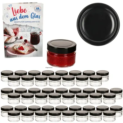 Produktbild von 50er Set Marmeladenglas 106ml Deep Deckel Schwarz & Heft Hochrandglas