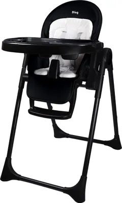A black high chair with a white cushion and straps, shown against a white background.