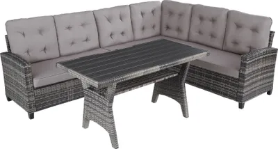 A rattan corner sofa set with a coffee table, displayed on a white background.