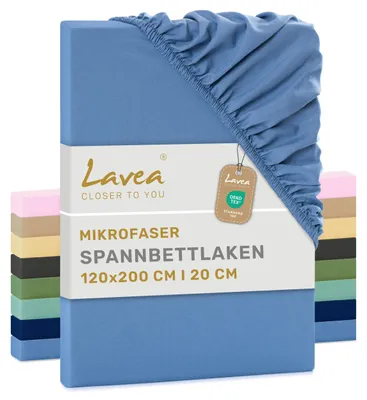Zdjęcie produktu dla Lavea® Elastyczny pokrowiec na materac 120x200 cm, wykonany z mikrofibry, z gumką wszytą po obwodzie, przeznaczony do materacy o grubości do 20 cm, oddychający i zapewniający uczucie chłodu, łatwy w pielęgnacji, 1 sztuka, kolor: błękitny