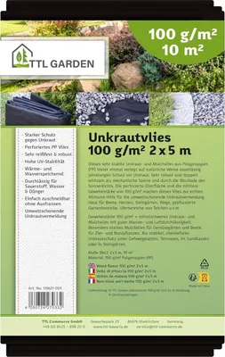 Produktbild von TTL GARDEN Unkrautvlies 20m² 2x10m Schwarz 100g/m² Gartenvlies Mulchvlies Folie gegen Unkraut PP-Vlies