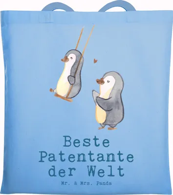 Produktbild von Mr. & Mrs. Panda Schultasche Pinguin Beste Patentante der Welt - Sky Blue - Geschenk, Tote Bag, Kleinigkeit, Taufe, Laptoptasche, Geschenkidee, Familie, Dankeschön