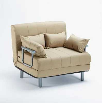 A beige fabric sofa bed with two throw pillows, shown against a white background.