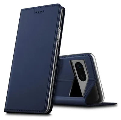 A dark blue flip case for a smartphone is shown, with the phone partially visible inside.