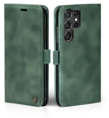 A green flip cover phone case for a Samsung Galaxy S23 Ultra is shown from two angles.