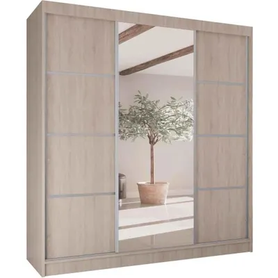 Image de BEAUTYSOFA | Armoire à portes coulissantes VILO II 200 cm - Armoire avec miroir, 3 portes coulissantes, 4 tiroirs, chêne Sonoma + argent