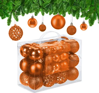 Imagen del producto de Relaxdays, juego de 50 bolas de Navidad, con acabados brillantes, mate y brillantes, de plástico, con diámetros de 3, 4 y 6 cm, color naranja