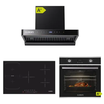 Produktbild von KB ELEMENTS Sparset, Einbauherd Set, Herdset, Induktionskochfeld 80cm 9400 Watt, Dunstabzugshaube 80cm 1350 m³/h, Backofen 60cm 70 Liter, EEK A+
