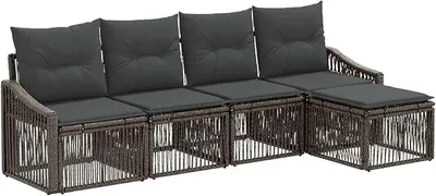 Image de Ensemble de canapé de jardin en résine tressée, 5 pièces, de couleur grise, idéal pour jardin et terrasse. Ensemble de mobilier de jardin modulable comprenant un canapé, un fauteuil, un repose-pieds et des coussins de siège