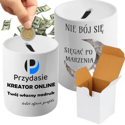 Zdjęcie produktu dla Skarbonka z twoim własnym nadrukiem foto logo napis ceramiczna 330 ml personalizowana na prezent z pudełkiem