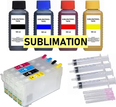 A collage of sublimation ink bottles, a refillable ink cartridge, and syringes with needles.