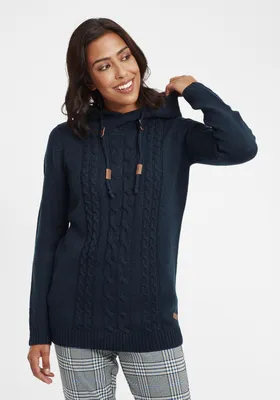 Image de OXMO OXCable : Pull en tricot pour femmes, gros maillage, avec capuche, cordon de serrage, bord-côtes et coupe classique