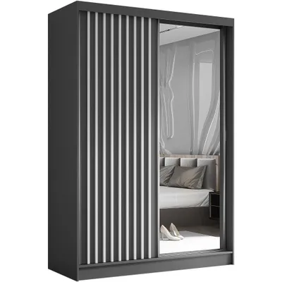A modern sliding door wardrobe with a mirrored door and a slatted door, reflecting a bedroom interior.