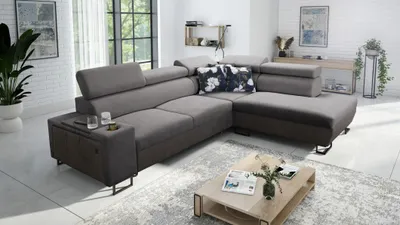Image de canapé d'angle moderne de luxe avec fonction couchage MELODY VII Tauro/Freya Graphite/Gris foncé, version droite