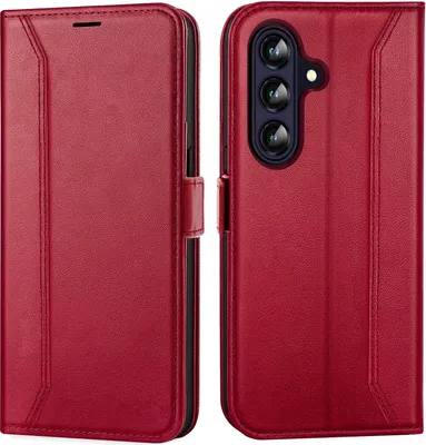 A red leather flip case for a smartphone is shown from the front and back.