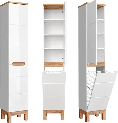 Produktbild von Hochschrank mit Wäschekorb SOLNA-56 Hochglanz weiß mit Wotaneiche, B x H x T ca. 35 x 187 x 33cm