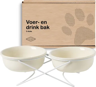 Obrázok produktu pre Gizmo Miska na kŕmenie pre psov dvojitá - biela - 2 keramické misky na pitie a kŕmenie so stojanom - Miska na pitie - 17,5 cm - 800 ml