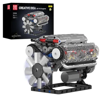 Produktbild von Mould King 10088 Technik V-8-Motor Bausteine Modell, 535 Teile Engine Modellbausatz Bausteinset als Spielzeug/Geschenk/Sammlerstücke – Grau