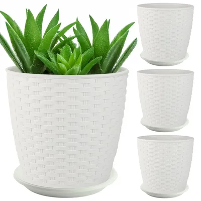 Produktbild von Set 4x Blumentopf Blumenkübel Rattan mit Untersetzer Pflanztopf 16x15cm Weiß