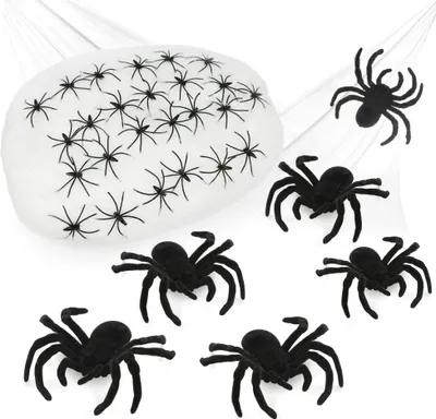 Zdjęcie produktu dla com-four® 25-częściowy zestaw dekoracji na Halloween - rozciągliwa pajęczyna 200 g z 24 pająkami w 2 kolorach - przerażająca biała pajęczyna na Halloween, karnawał, horror lub imprezy tematyczne