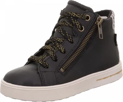 A single black high-top boot with gold laces and a side zipper is shown against a white background.