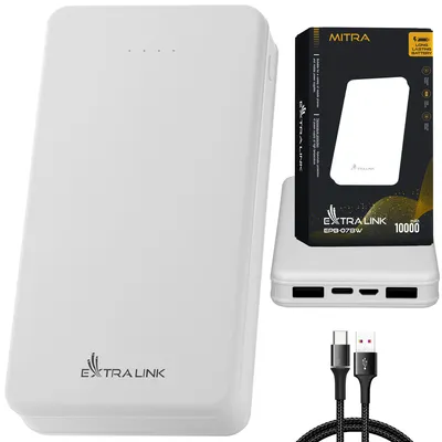 Productafbeelding van Extralink 10000 mAh Powerbank, USB-C, 2× USB, Compact, Wit