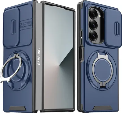 Immagine prodotto di Custodia a doppio strato per Samsung Galaxy Z Fold6, con copertura scorrevole della fotocamera e supporto magnetico ad anello Blu