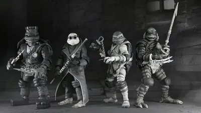 Zdjęcie produktu dla Universal Monsters x Teenage Mutant Ninja Turtles Actionfiguren 4er-Pack Turtles Black & White 18 cm