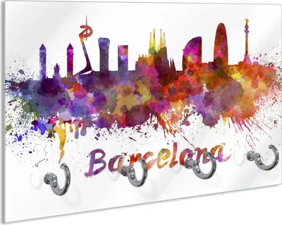 Produktbild von Wallario Schlüsselbrett aus Glas, Motiv: Städte als Aquarell - Skyline von Barcelona, 30 x 20 cm mit 4 Haken