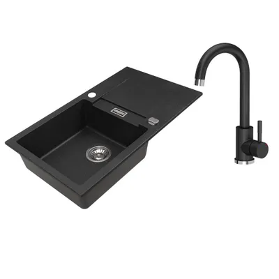 Produktbild von VBChome Granitspüle 76 x 44 cm Schwarz mit Armatur Einzelbecken Einbauspüle Reversibel Gesprenkelt Pflegeleichtes Spülbecken mit Siphon