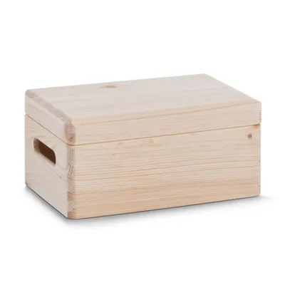 A light-colored wooden storage box with handles and a lid, shown against a white background.